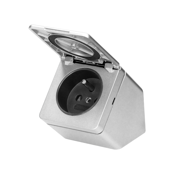 Furniture socket with a cover, IP44, silver