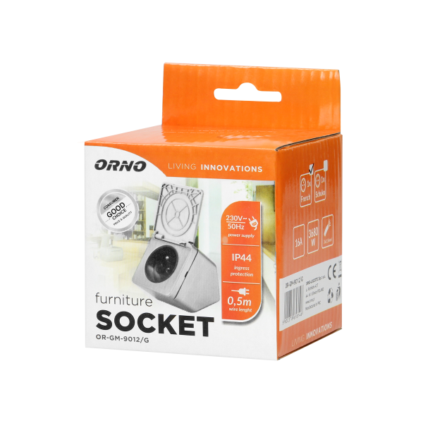 Furniture socket with a cover, IP44, silver