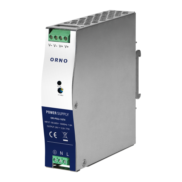 Industrial power supply for a DIN rail, 24VDC 3.2A 77W, metal housing