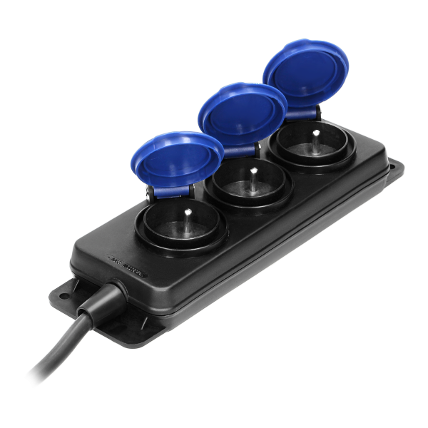 Heavy-duty, splash-proof extension sockets, 3 sockets 2P+E, IP44, rubber cord, H05RR-F 3x1.5mm², 5m