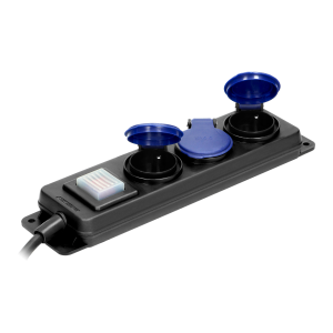 Heavy-duty, splash-proof extension sockets with central switch,3 sockets 2P+E, IP44, rubber cord, H05RR-F 3x1.5mm², 5m