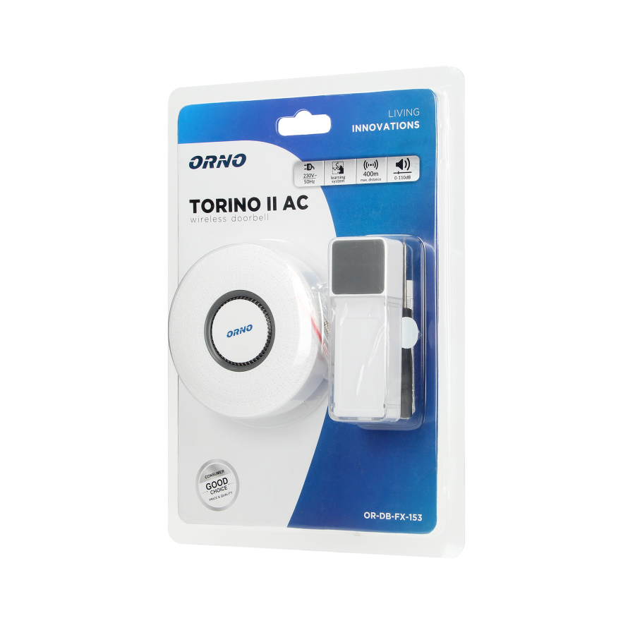 Dzwonek bezprzewodowy TORINO II AC, sieciowy, learning system, 58 dźwięków, 400m