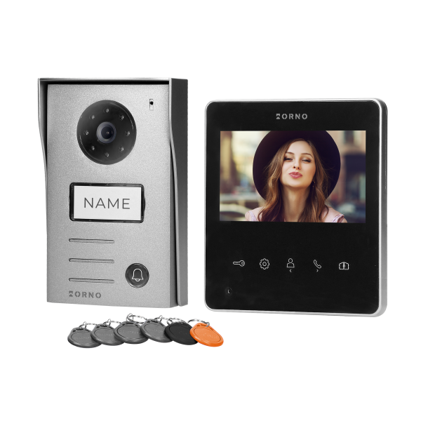 NAOS video doorphone set for 2-wires, handset-free, multicolor 4.3" LCD display, external panel with card and proximity tags reader, RFID, black