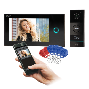 APPOS video doorphone set, multicolor LCD 7" monitor, RFID reader, gate opening function, compatible with smartphone app, black