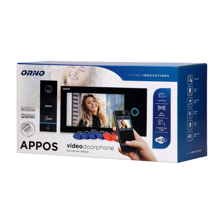 Zestaw wideodomofonowy, bezsłuchawkowy, kolor, LCD 7", dotykowy, menu OSD, WI-FI + APP na telefon, sterowanie bramą, RFID, czarny, APPOS