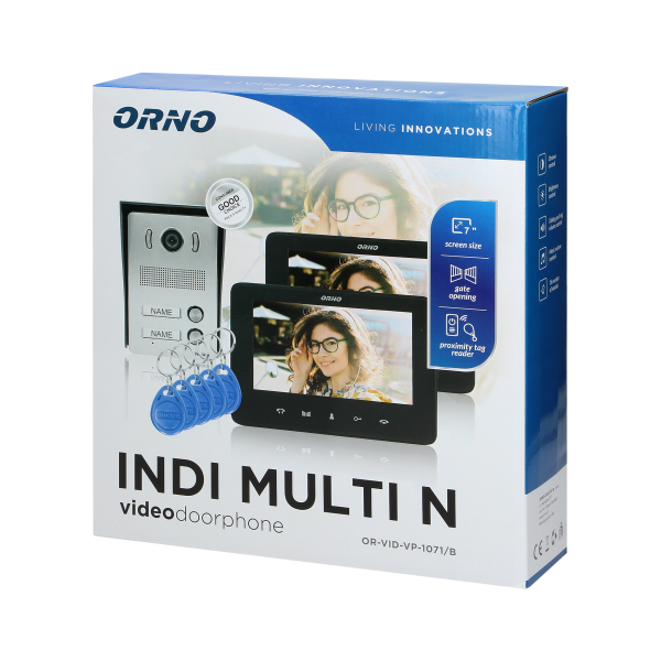 Zestaw wideodomofonowy 2-rodzinny bezsłuchawkowy, kolor,  LCD 7", z czytnikiem breloków zbliżeniowych, interkom, natynkowy, INDI MULTI N