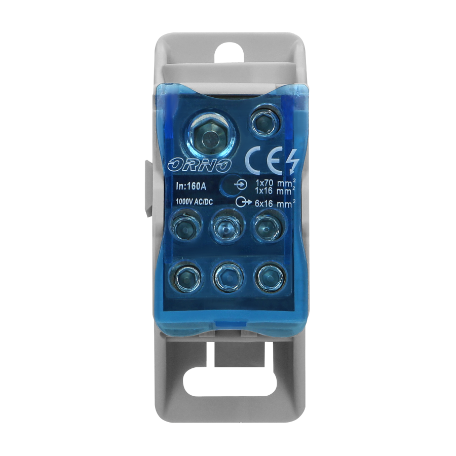 Power distribution block 160A, input terminal 1x16mm² and 1x70mm², output terminals 6x16mm².