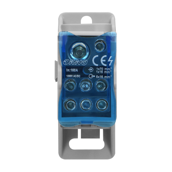 Power distribution block 160A, input terminal 1x16mm² and 1x70mm², output terminals 6x16mm².