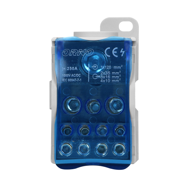 Power distribution block 250A, input terminal 1x120mm², output terminals 4x10mm², 5x16mm² and 2x25mm².