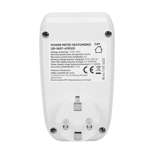 Watomierz, kalkulator energii z wyświetlaczem LCD, wersja schuko