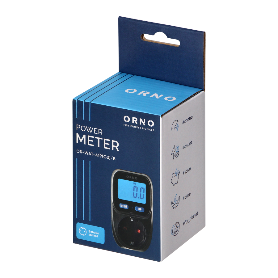 Power meter with LCD display with backlight, Schuko,  black