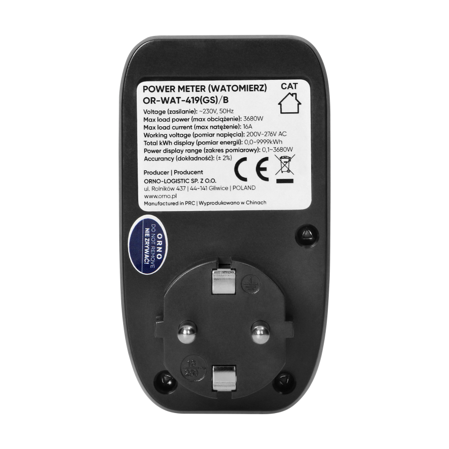 Watomierz, kalkulator energii z  podświetlanym wyświetlaczem LCD, wersja Schuko, czarny