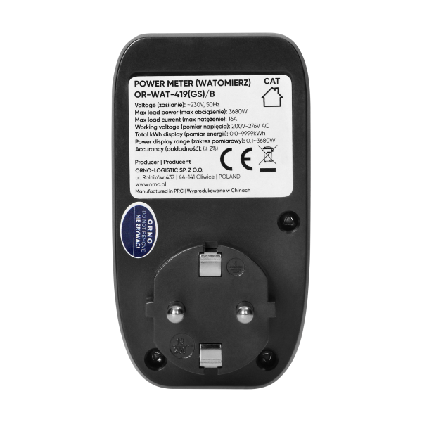 Watomierz, kalkulator energii z  podświetlanym wyświetlaczem LCD, wersja Schuko, czarny