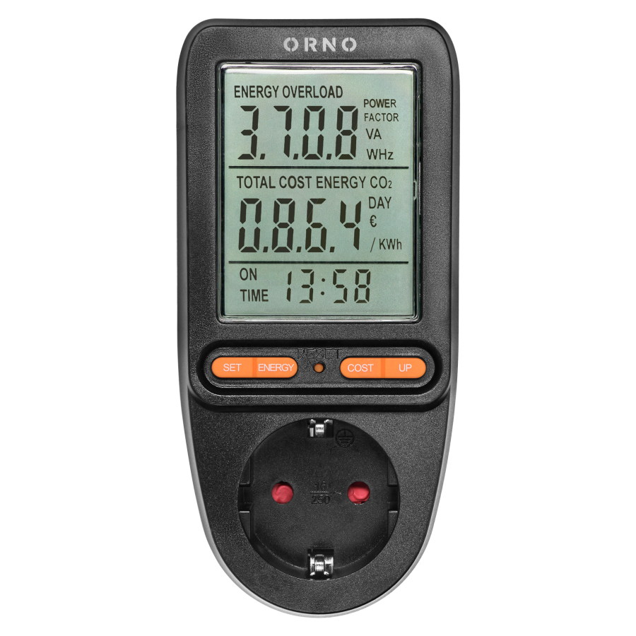 Energy calculator with LCD display, schuko, black