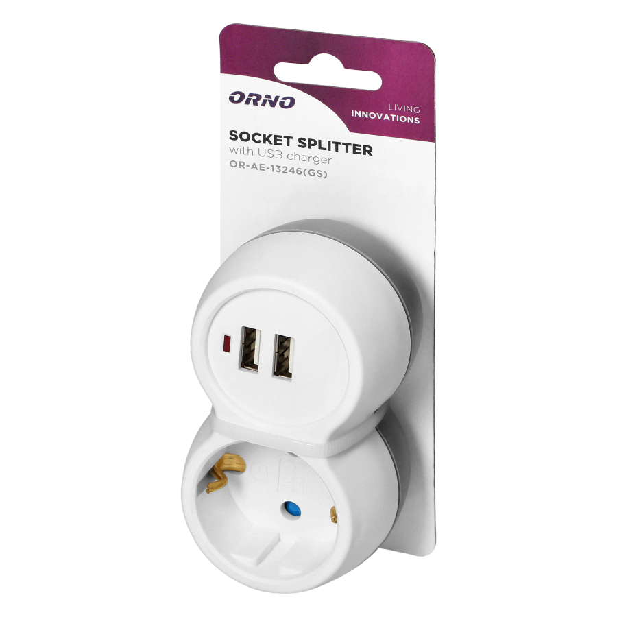 Rozgałęźnik 2P+Z (Schuko) z ładowarką 2xUSB, biało-szary
