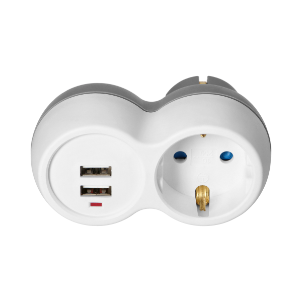 Power socket splitter 2x2P+E (Schuko) with 2xUSB charger, white-grey