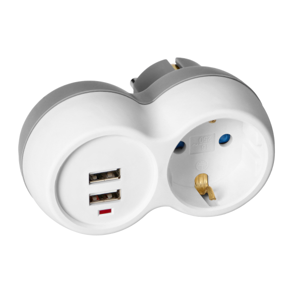 Rozgałęźnik 2P+Z (Schuko) z ładowarką 2xUSB, biało-szary