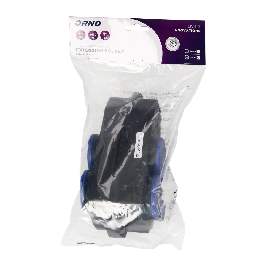 4-way weatherproof extension socket, shock-resistant, 4x2P+E Schuko, 16A, IP44