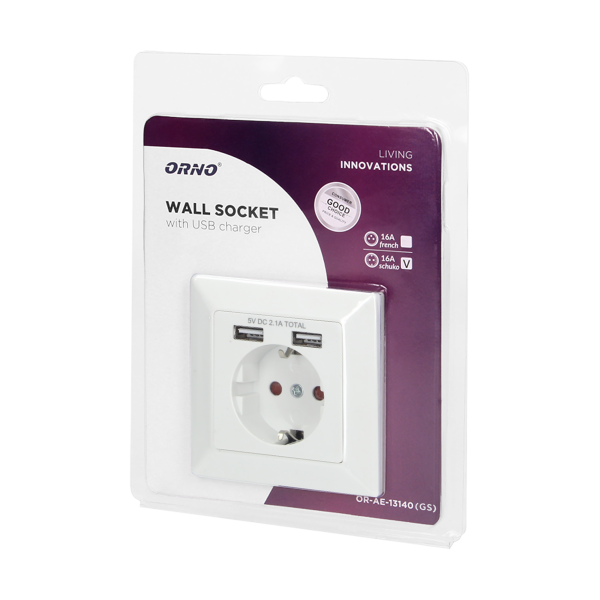 Single socket with two USB chargers, schuko