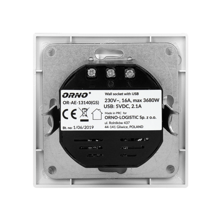 Single socket with two USB chargers, schuko