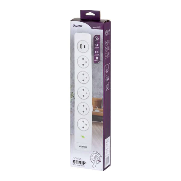 Power strip with SPD and 5 sockets 2P+E, Easy Eject system, 1.5m cable, main switch with backlight and 2 quick USB chargers (A + C)