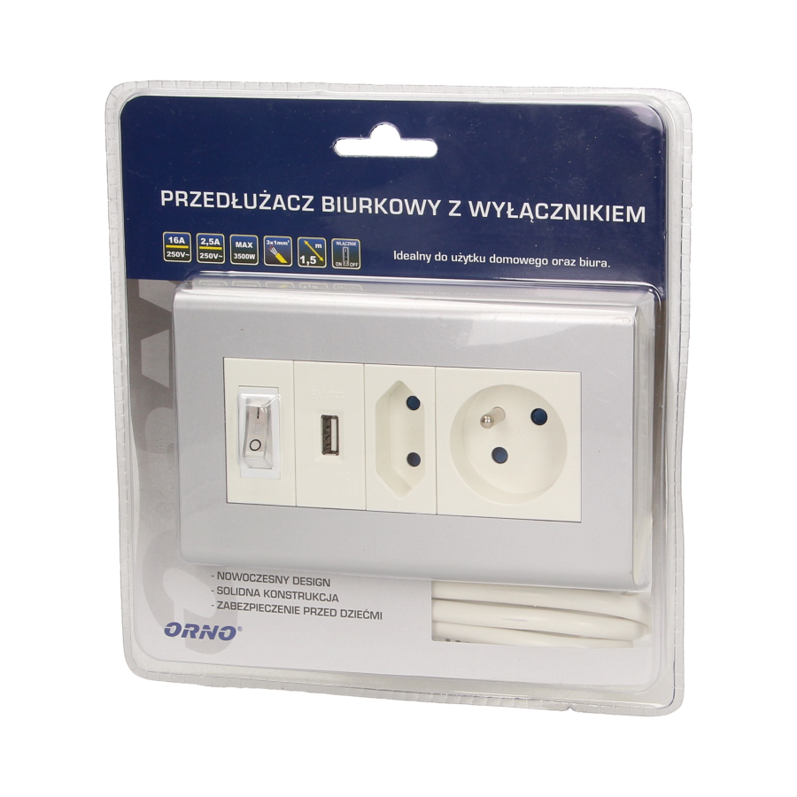Przedłużacz biurkowy z wyłącznikiem i ładowarką, 1x2P+Z, 1x2P/II, 1xUSB, przewód 1,5m 3x1mm