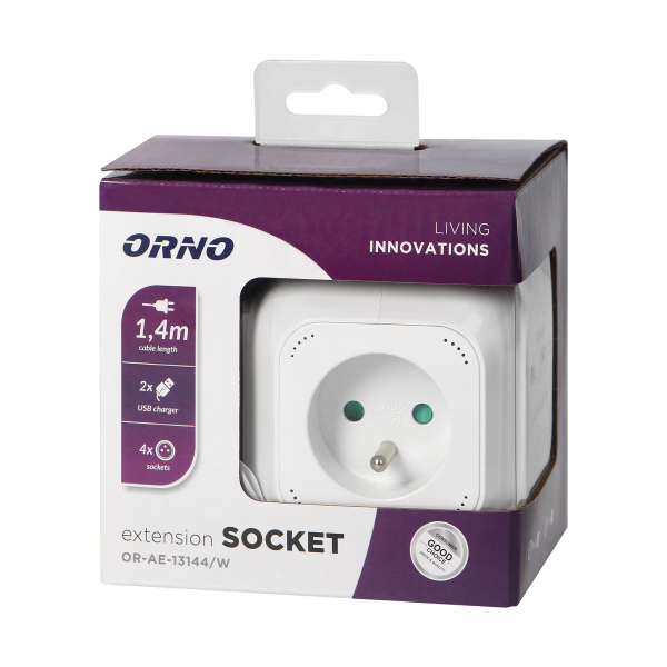 Przedłużacz 4 krotny 2P+Z, ładowarka 2xUSB, 1,4m H05VV-F 3x1mm2, biały