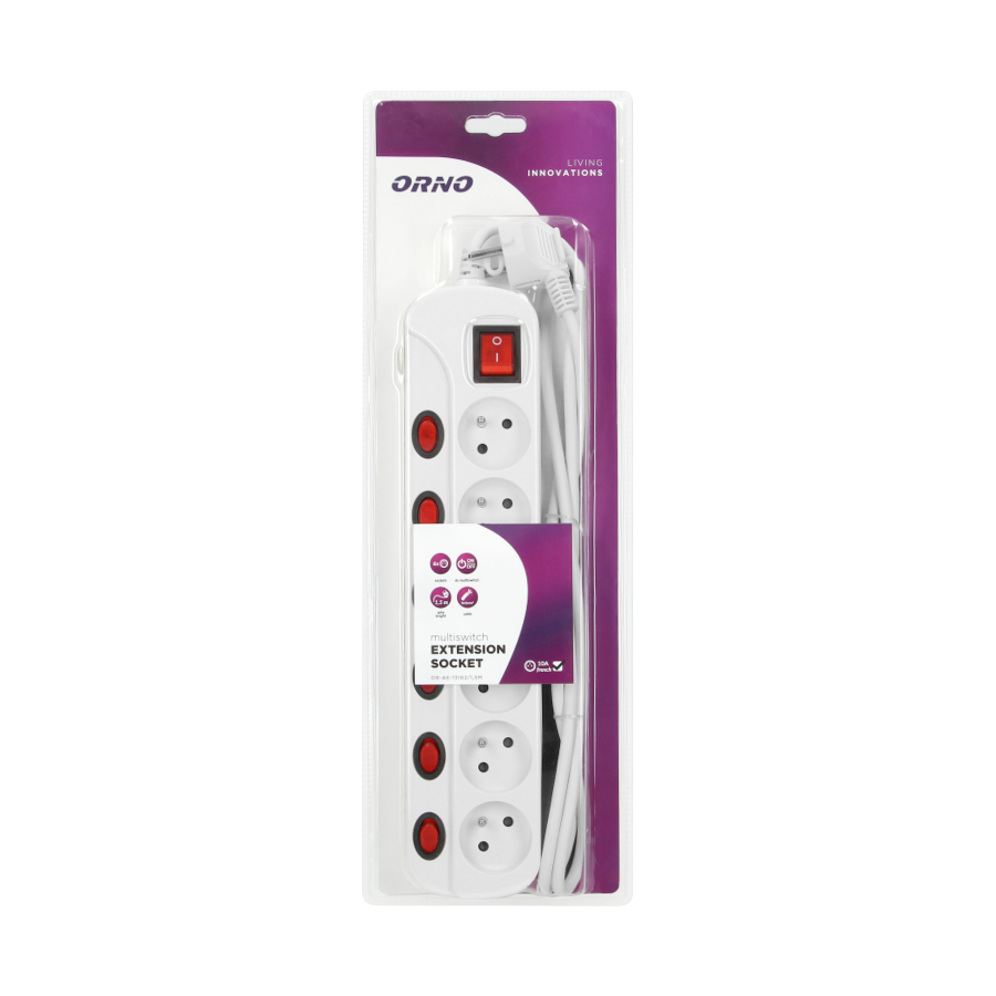 Multiswitch powerstrip with independent ON/OFF switches for 6 sockets, cable 3x1mm², 1.5m long