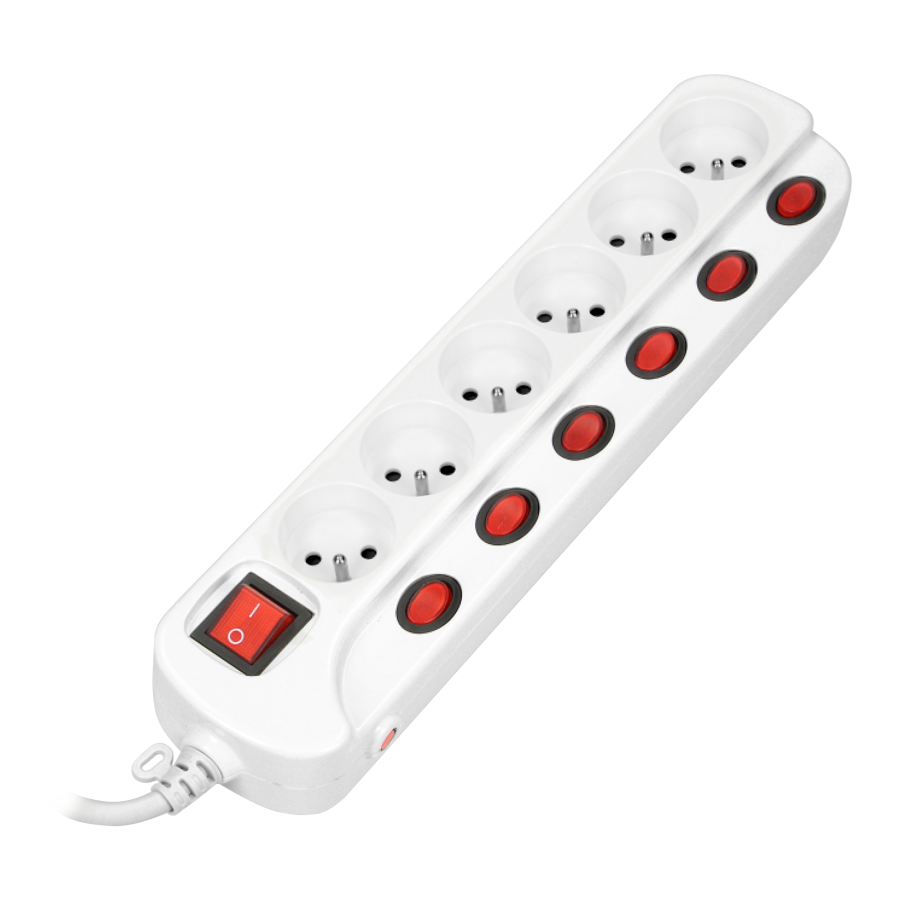 Multiswitch powerstrip with independent ON/OFF switches for 6 sockets, cable 3x1mm², 1.5m long