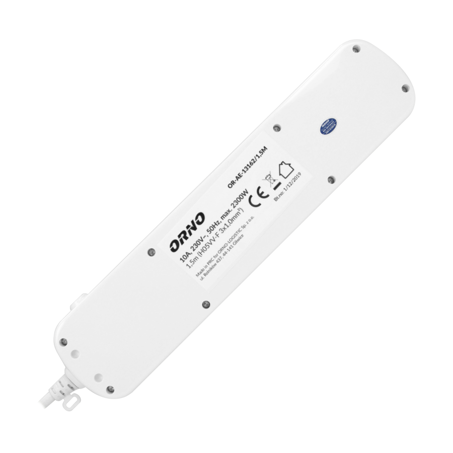 Listwa zasilająca "Multiswitch", 6 gniazd 2P+Z, kabel 3x1,0mm², długość 1,5m, z wyłącznikami podświetlanymi: głównym dwutorowym i osobnymi wyłącznikami każdego gniazda. Wyłącznik termiczny. 10A/230 VAC