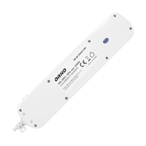 Listwa zasilająca "Multiswitch", 6 gniazd 2P+Z, kabel 3x1,0mm², długość 1,5m, z wyłącznikami podświetlanymi: głównym dwutorowym i osobnymi wyłącznikami każdego gniazda. Wyłącznik termiczny. 10A/230 VAC