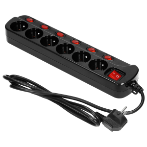 Listwa zasilająca "Multiswitch", 6 gniazd 2P+Z, kabel 3x1,0mm², długość 1,5m. Wyłącznik termiczny. 10A/230 VAC, czarny