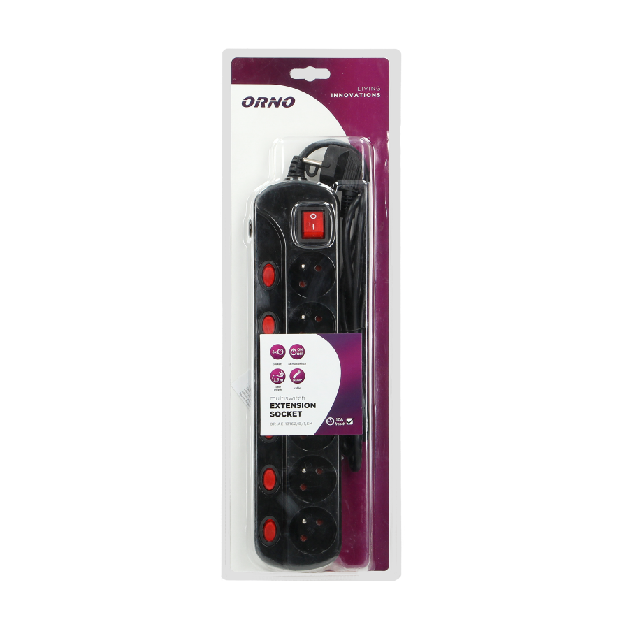 Multiswitch power strip with 6 2P+E sockets, cable 3x1mm², 1.5m long. Thermal protection switch, 10A/230 VAC, black