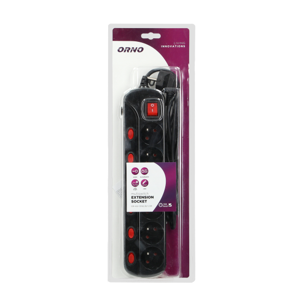 Multiswitch power strip with 6 2P+E sockets, cable 3x1mm², 1.5m long. Thermal protection switch, 10A/230 VAC, black