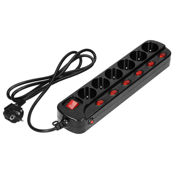 Multiswitch power strip with 6 2P+E sockets, cable 3x1mm², 1.5m long. Thermal protection switch, 10A/230 VAC, black