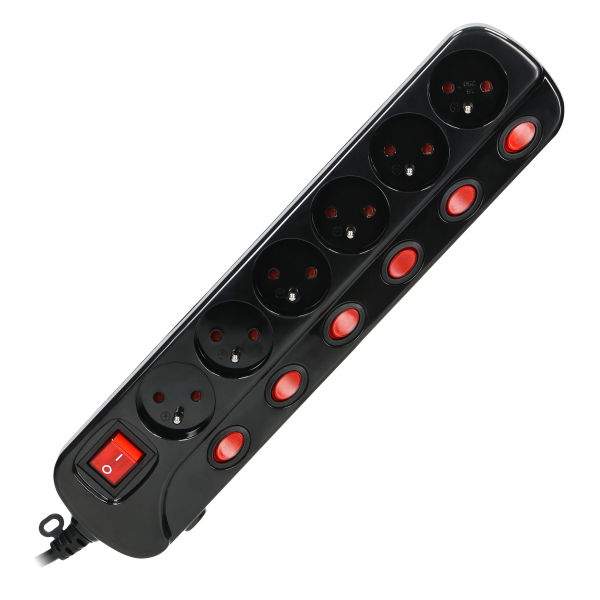 Multiswitch power strip with 6 2P+E sockets, cable 3x1mm², 1.5m long. Thermal protection switch, 10A/230 VAC, black