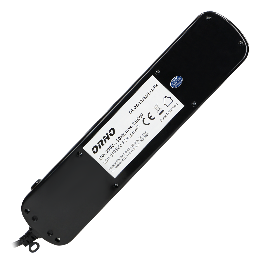 Multiswitch power strip with 6 2P+E sockets, cable 3x1mm², 1.5m long. Thermal protection switch, 10A/230 VAC, black