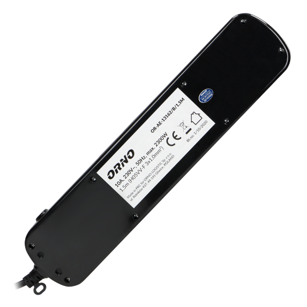 Multiswitch power strip with 6 2P+E sockets, cable 3x1mm², 1.5m long. Thermal protection switch, 10A/230 VAC, black