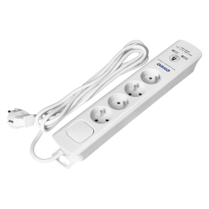 Listwa przeciwprzepięciowa, 4 gniazda 2P+Z, kabel 3x1,0mm2, 3m, z wyłącznikiem podświetlanym dwutorowym. 10A/230 VAC, Ochronnik przeciwprzepięciowy Typ 3, Ładowarka 2xUSB 2,1A, biała