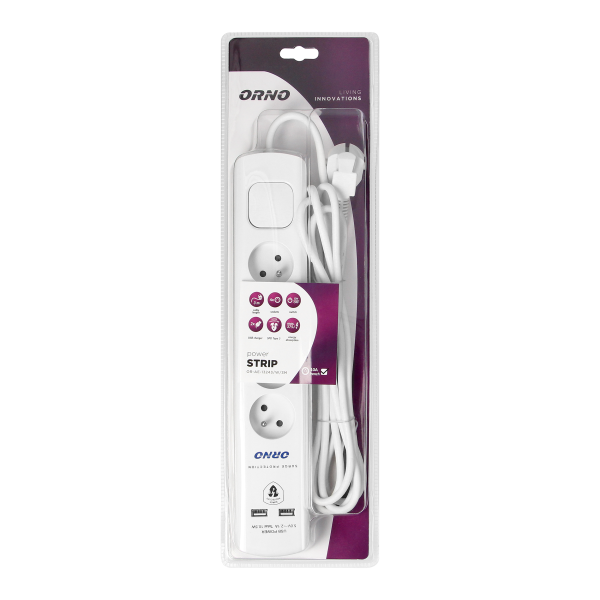 Power strip with surge protection, 4 sockets 2P+E, 3x1.0mm2 cable, 3m long, with a two-way backlit switch, 10A / 230 VAC, surge protector type 3, 2xUSB 2.1A charger, white