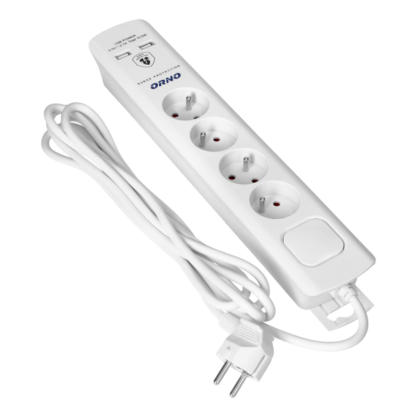 Power strip with surge protection, 4 sockets 2P+E, 3x1.0mm2 cable, 3m long, with a two-way backlit switch, 10A / 230 VAC, surge protector type 3, 2xUSB 2.1A charger, white