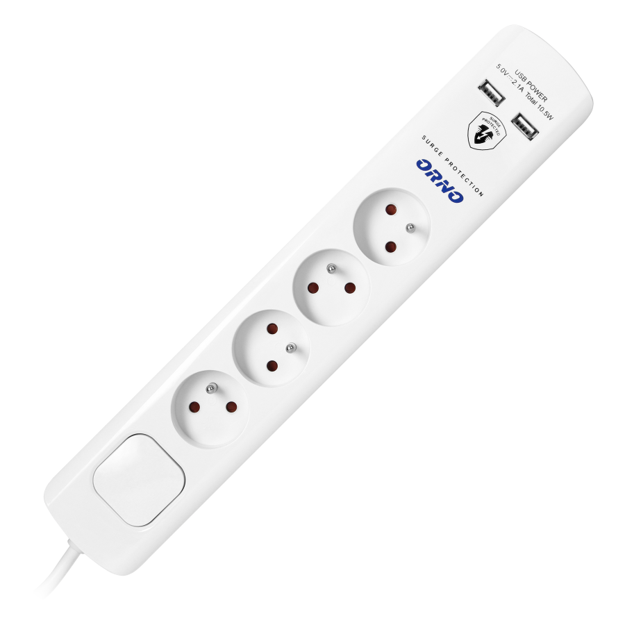 Power strip with surge protection, 4 sockets 2P+E, 3x1.0mm2 cable, 3m long, with a two-way backlit switch, 10A / 230 VAC, surge protector type 3, 2xUSB 2.1A charger, white