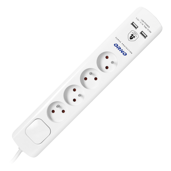 Power strip with surge protection, 4 sockets 2P+E, 3x1.0mm2 cable, 3m long, with a two-way backlit switch, 10A / 230 VAC, surge protector type 3, 2xUSB 2.1A charger, white
