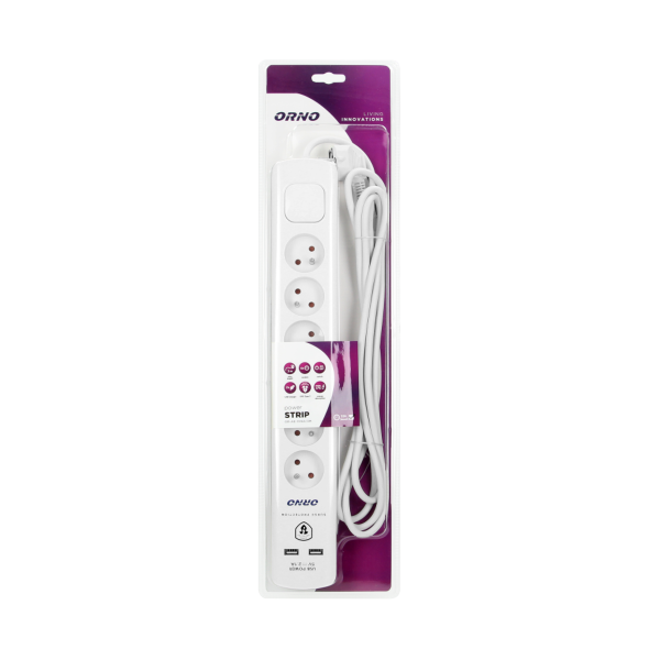 Power strip with surge protection and main switch, 6 sockets, 2 USB chargers, cable 3x1mm², 3m long
