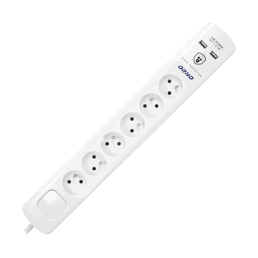 Power strip with surge protection and main switch, 6 sockets, 2 USB chargers, cable 3x1mm², 3m long