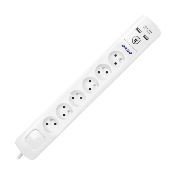 Power strip with surge protection and main switch, 6 sockets, 2 USB chargers, cable 3x1mm², 3m long