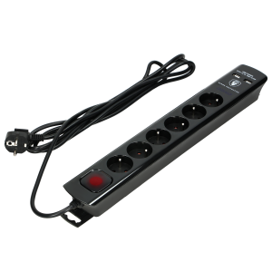 Power strip with surge protection and main switch, 6 sockets 2P+E, 2 USB chargers 2.1A., cable 3x1mm², 3m long, black
