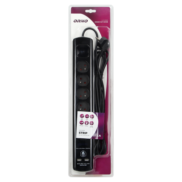 Power strip with surge protection and main switch, 6 sockets 2P+E, 2 USB chargers 2.1A., cable 3x1mm², 3m long, black