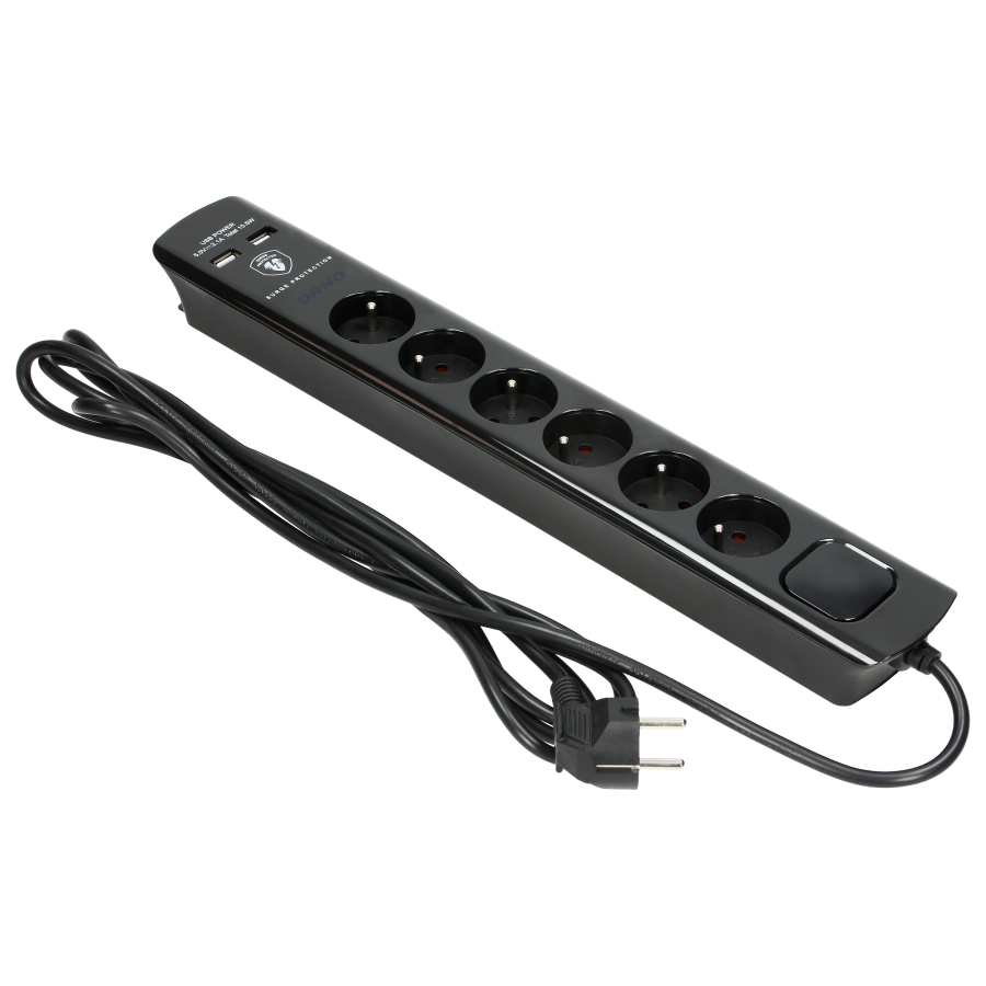 Power strip with surge protection and main switch, 6 sockets 2P+E, 2 USB chargers 2.1A., cable 3x1mm², 3m long, black