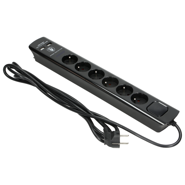 Power strip with surge protection and main switch, 6 sockets 2P+E, 2 USB chargers 2.1A., cable 3x1mm², 3m long, black